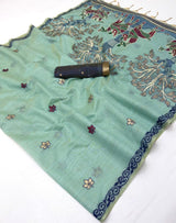 Embrocation Sea Green Pure Munga Cotton Silk Saree With Jazzy Blouse Piece