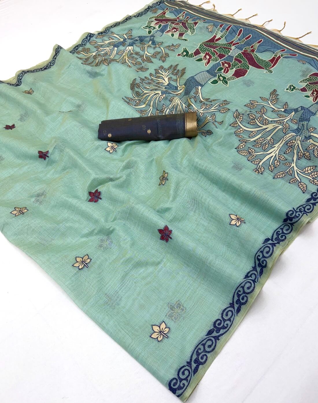 Embrocation Sea Green Pure Munga Cotton Silk Saree With Jazzy Blouse Piece