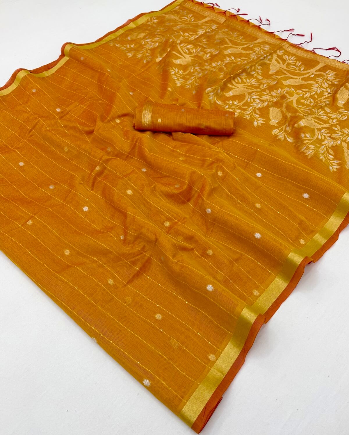 Resonant Mustard Pure Munga Cotton Saree With Mellifluous Blouse Piece