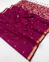 Refreshing Wine Pure Munga Cotton Saree With Exuberant Blouse Piece