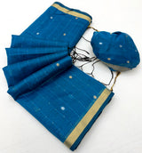 Ratatouille Blue Pure Munga Cotton Saree With Gorgeous Blouse Piece