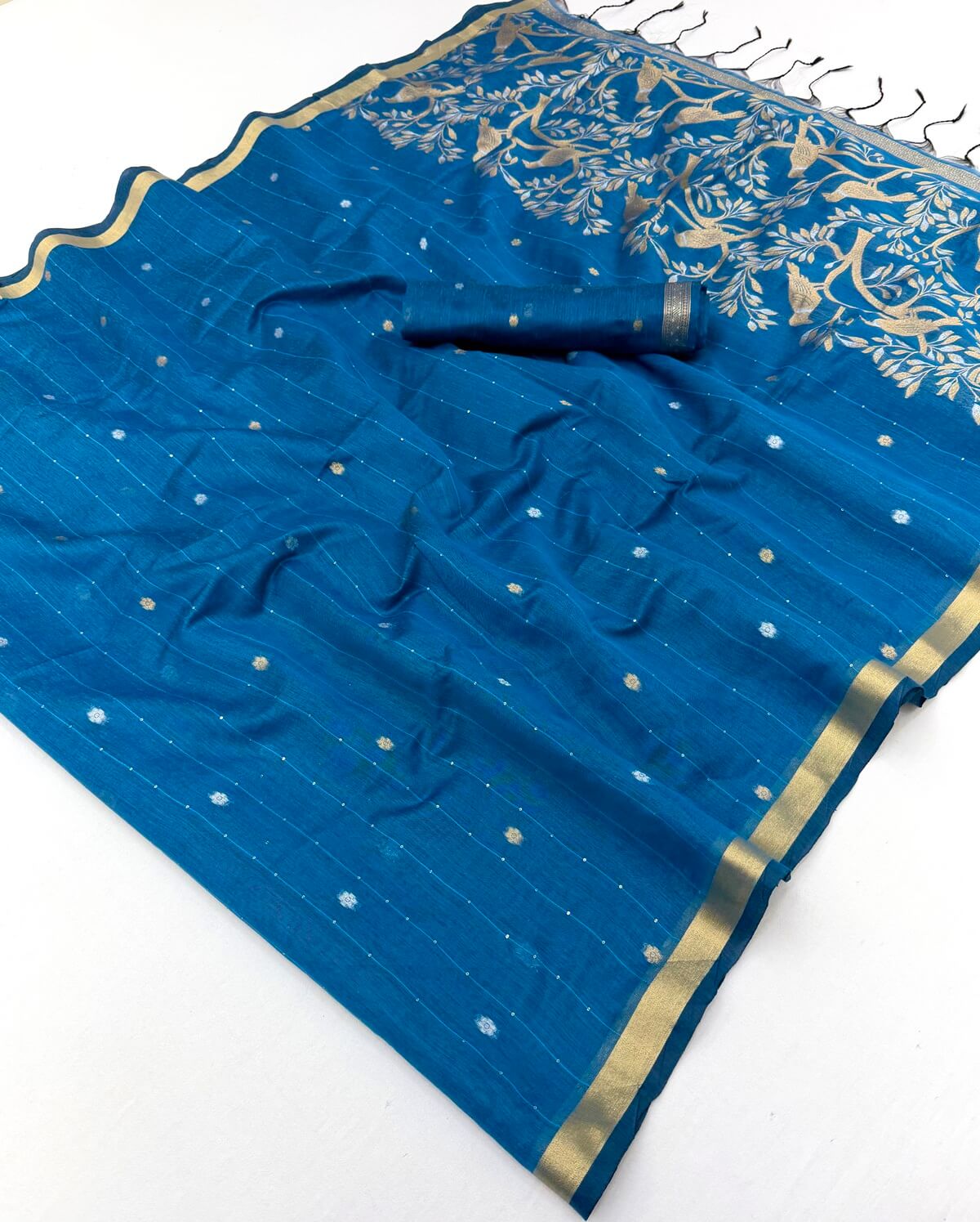 Ratatouille Blue Pure Munga Cotton Saree With Gorgeous Blouse Piece