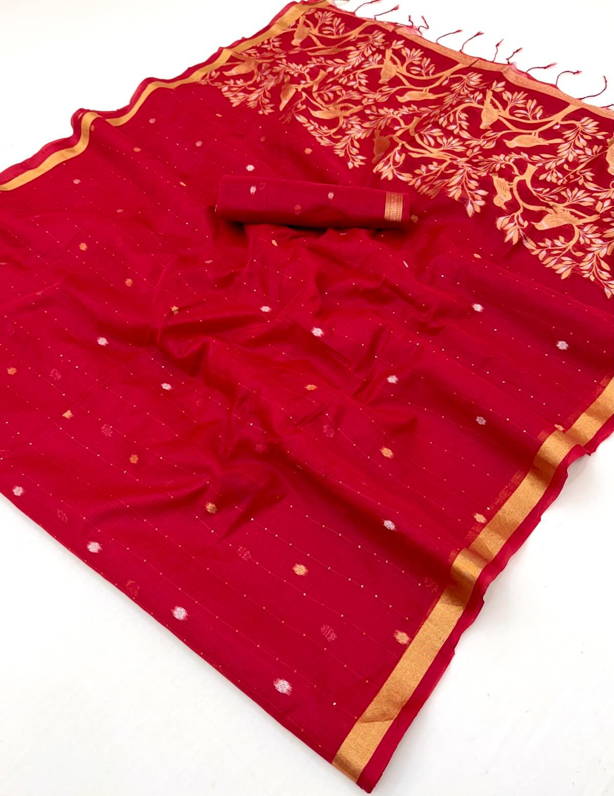 Seraglio Red Pure Munga Cotton Saree With Stylish Blouse Piece