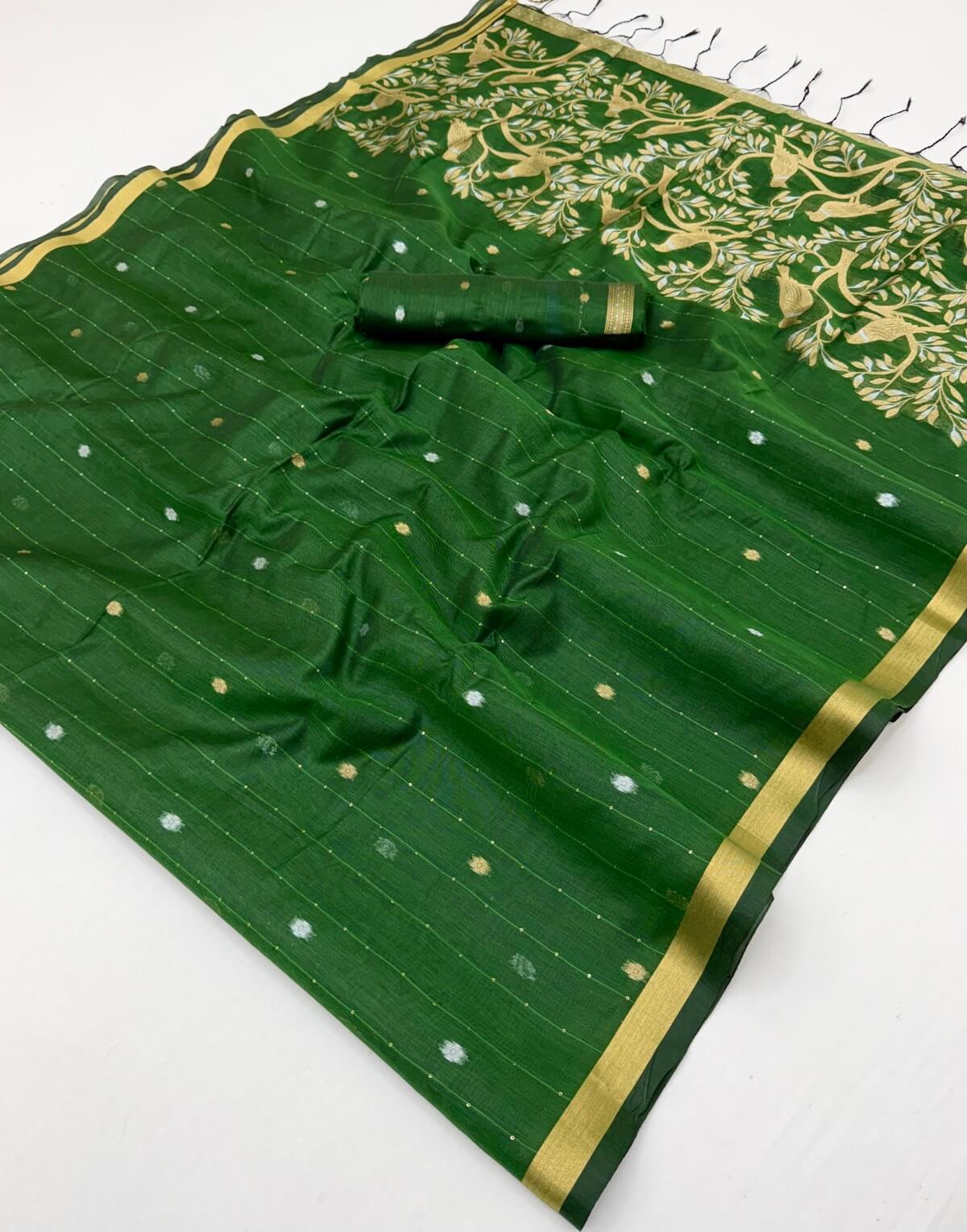 Demesne Dark Green Pure Munga Cotton Saree With Skinny Blouse Piece