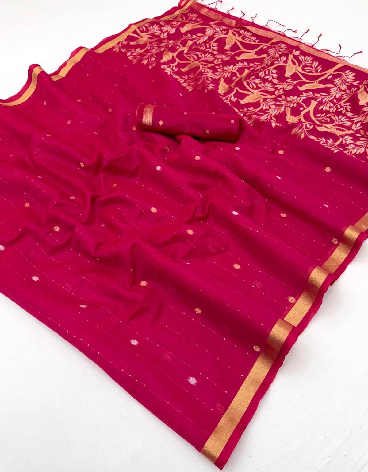 Captivating Dark Pink Pure Munga Cotton Saree With Arresting Blouse Piece