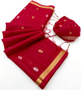 Pulsating Red Pure Munga Cotton Saree With Efflorescence Blouse Piece