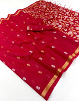 Pulsating Red Pure Munga Cotton Saree With Efflorescence Blouse Piece