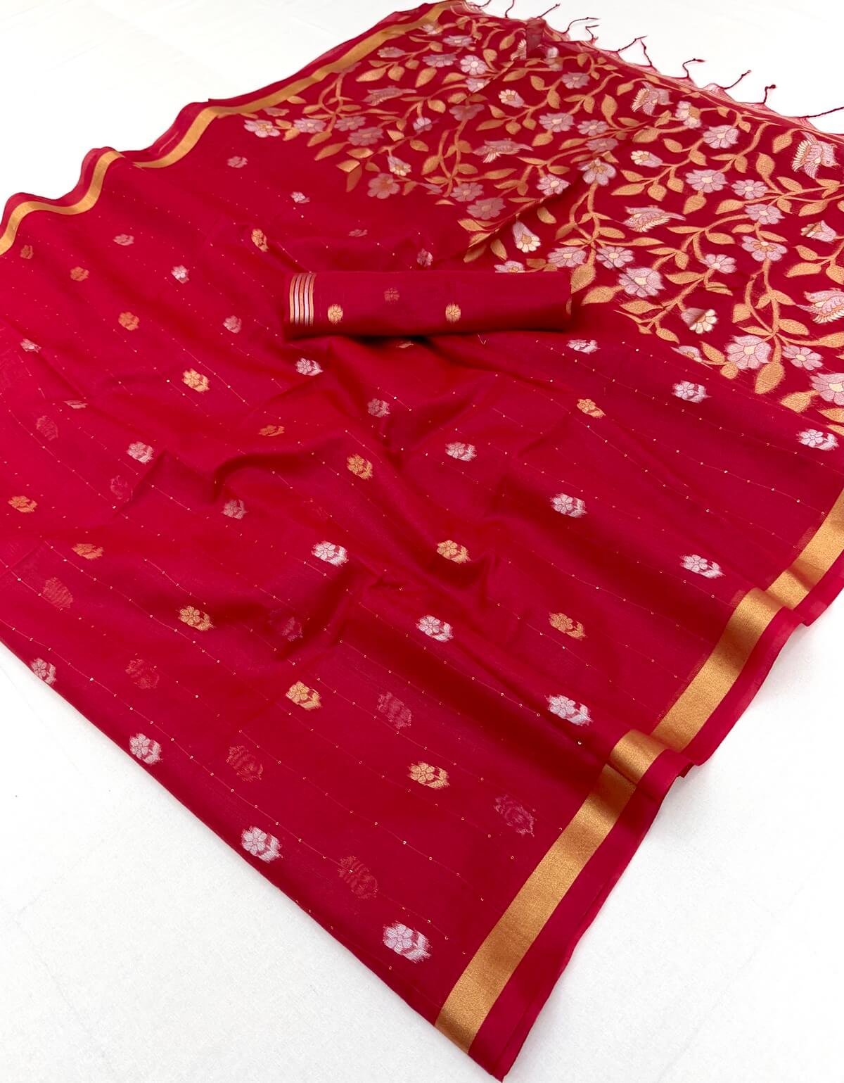 Pulsating Red Pure Munga Cotton Saree With Efflorescence Blouse Piece