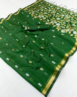Transcendent Dark Green Pure Munga Cotton Saree With Beautiful Blouse Piece