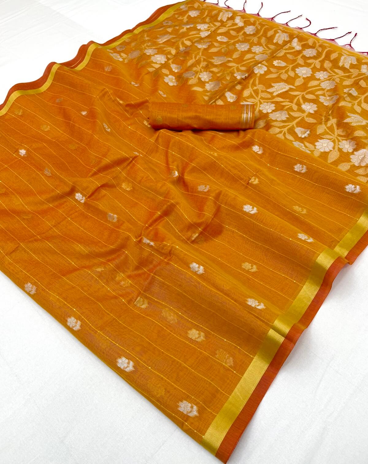 Luxuriant Mustard Pure Munga Cotton Saree With Beleaguer Blouse Piece