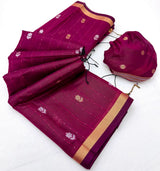 Engaging Wine Pure Munga Cotton Saree With Smart Blouse Piece