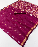Engaging Wine Pure Munga Cotton Saree With Smart Blouse Piece