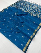 Enthralling Blue Pure Munga Cotton Saree With Embellished Blouse Piece