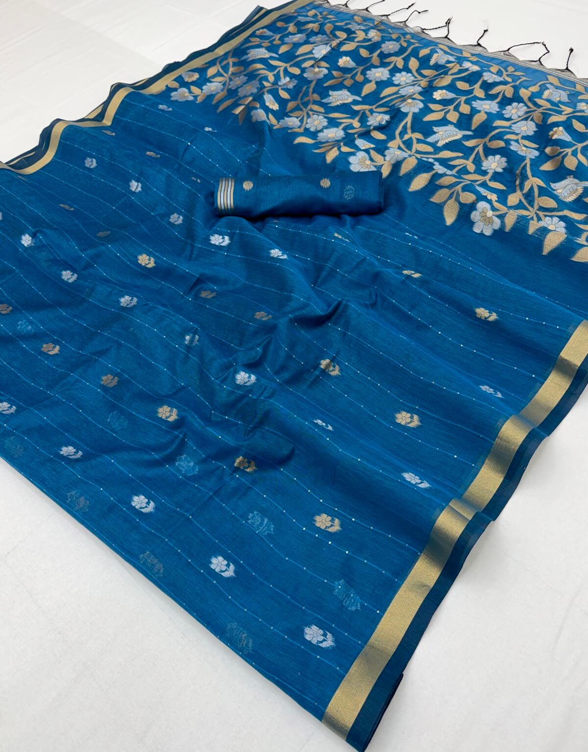 Enthralling Blue Pure Munga Cotton Saree With Embellished Blouse Piece