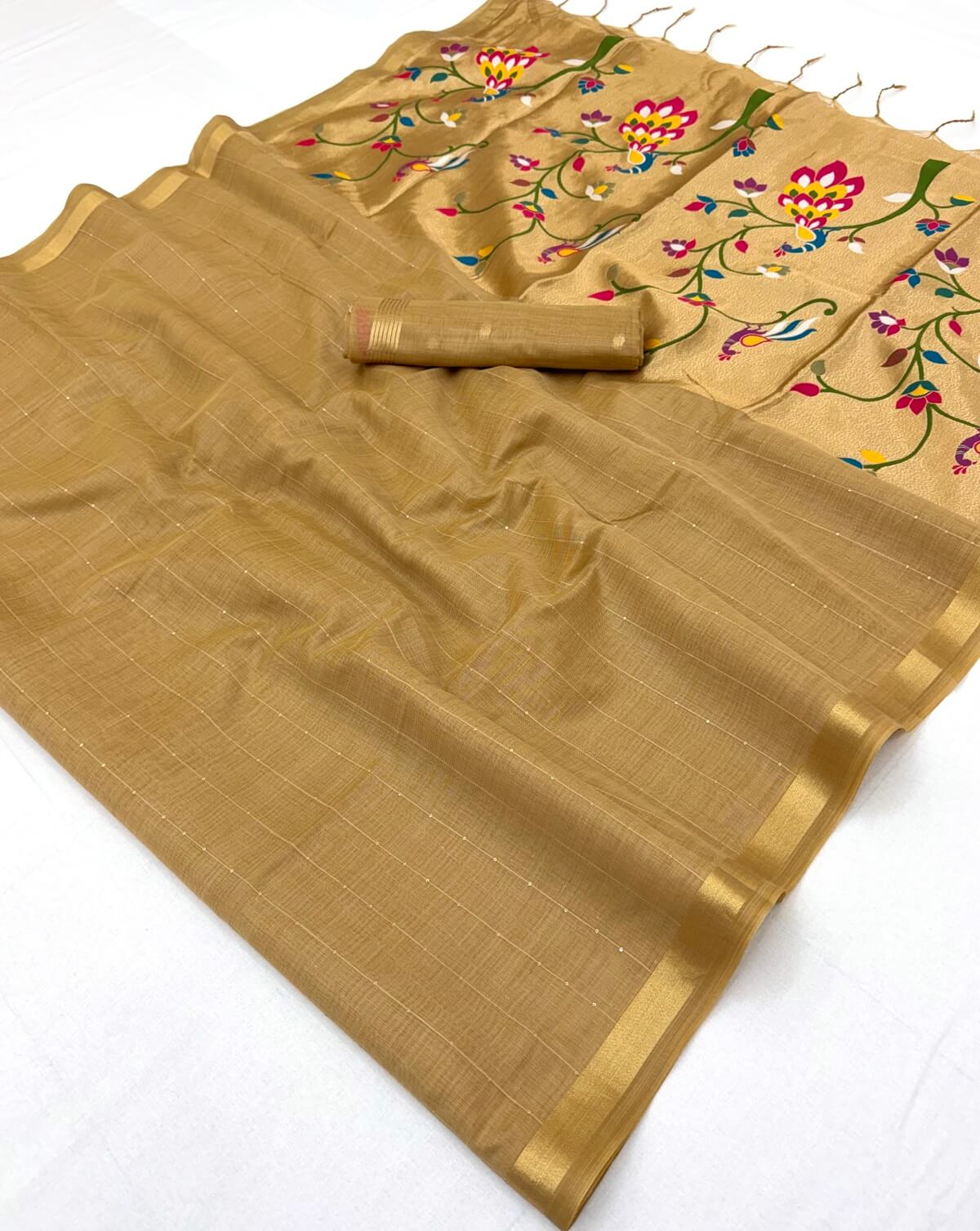 Inimitable Dark Beige Linen Silk Paithani Saree With Delectable Blouse Piece