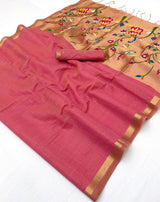 Divine Pink Linen Silk Paithani Saree With Vibrant Blouse Piece