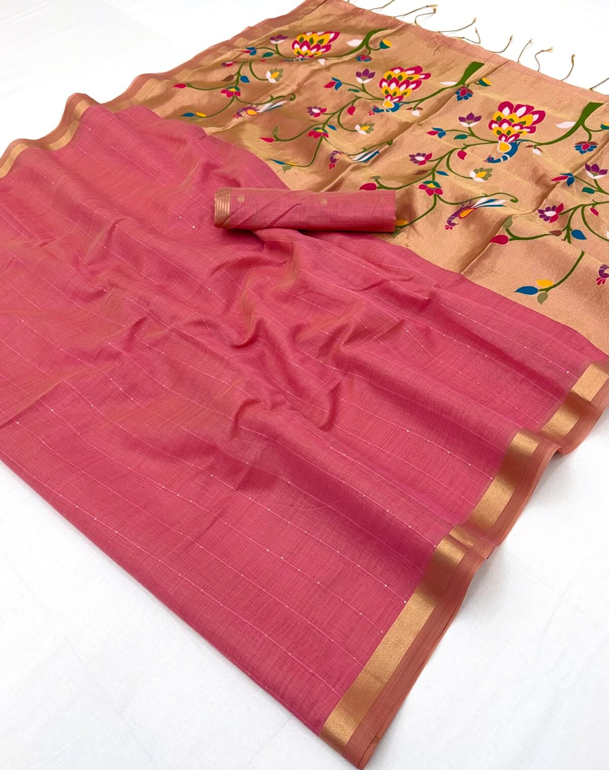 Divine Pink Linen Silk Paithani Saree With Vibrant Blouse Piece