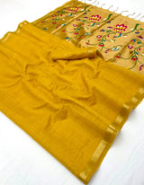Imbrication Yellow Linen Silk Paithani Saree With Evocative Blouse Piece