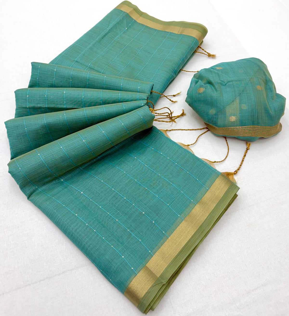 Ailurophile Sea Green Linen Silk Paithani Saree With Lagniappe Blouse Piece