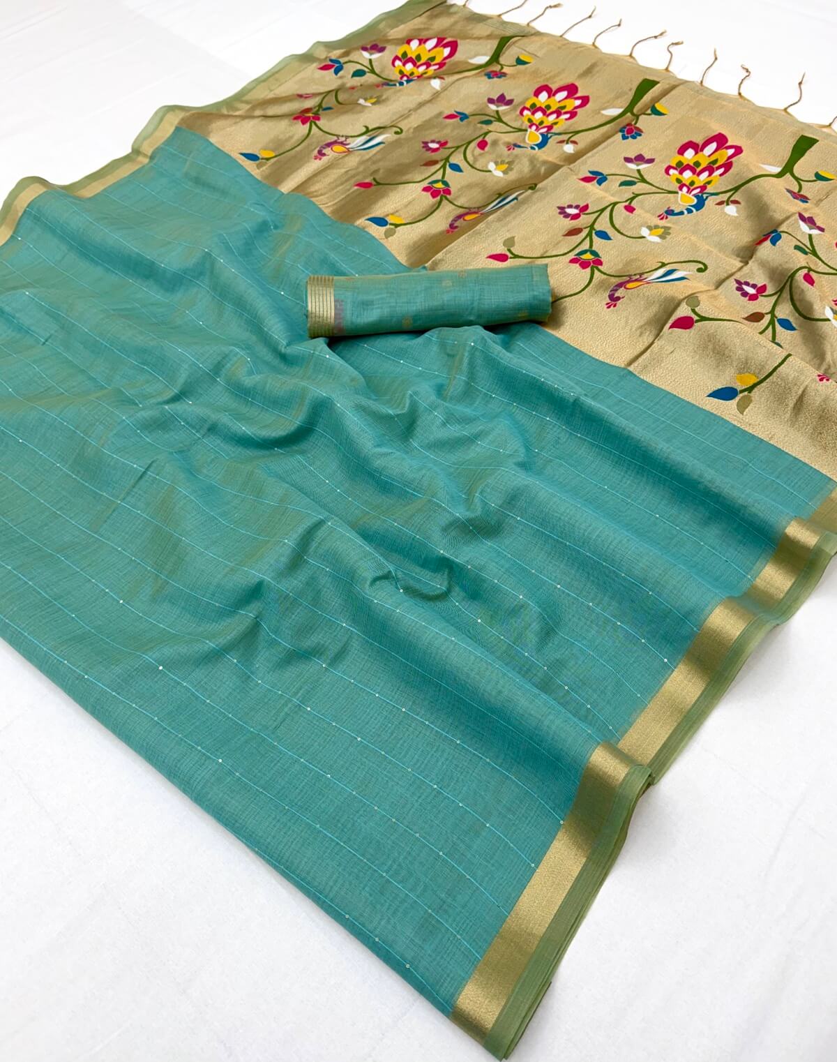 Ailurophile Sea Green Linen Silk Paithani Saree With Lagniappe Blouse Piece