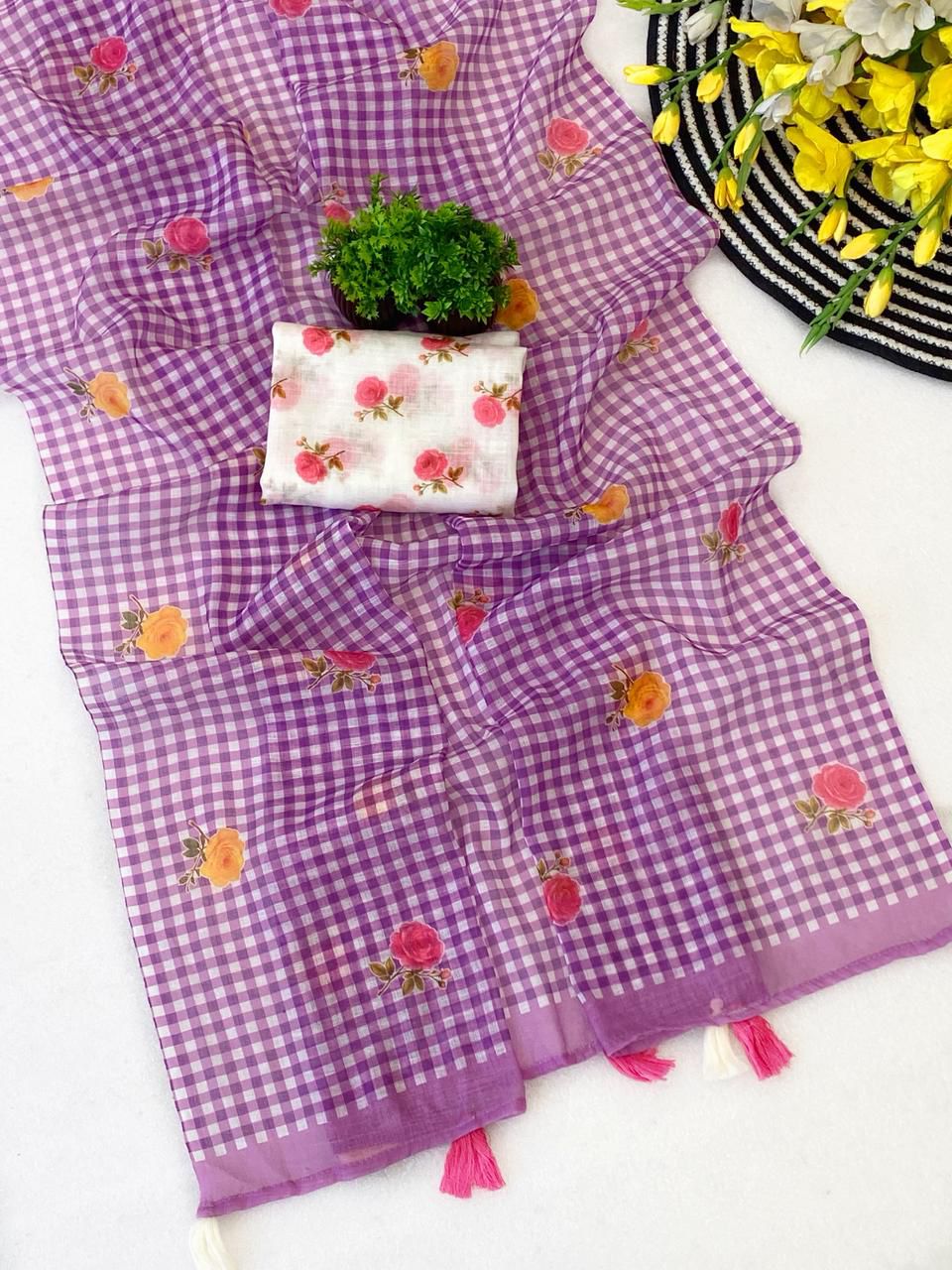 Trendy Purple Printed Linen Silk Saree With Serendipity Blouse Piece