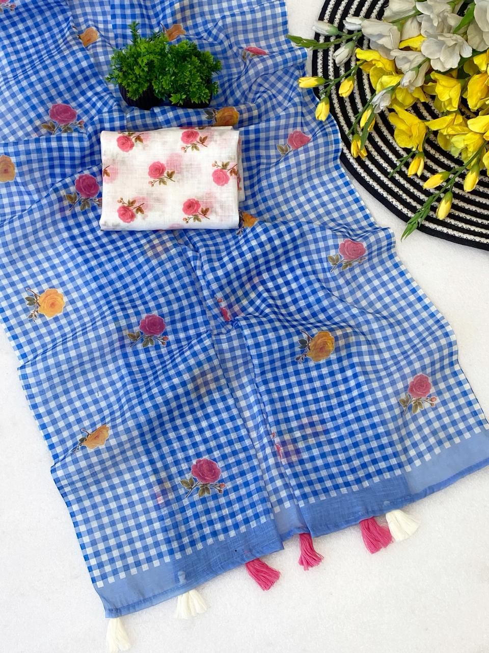 Ethnic Blue Printed Linen Silk Saree With Engrossing Blouse Piece