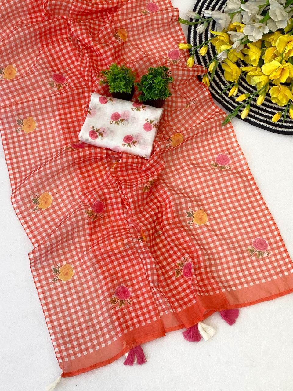 Enigmatic Red Printed Linen Silk Saree With Eclat Blouse Piece