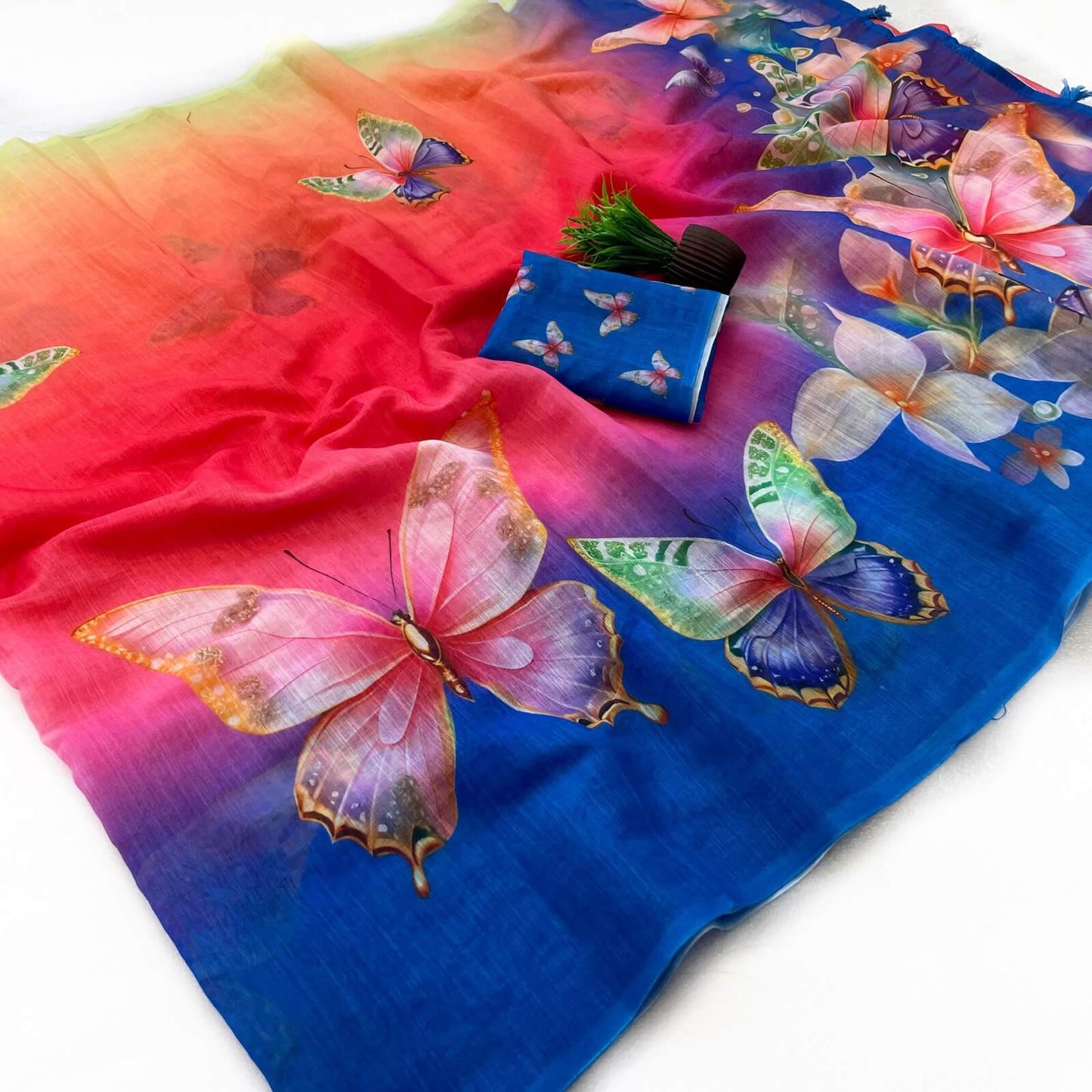 Innovative Multicolor Printed Linen Silk Saree With Capricious Blouse Piece