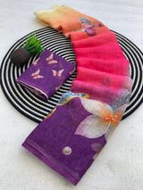 Flamboyant Multicolor Printed Linen Silk Saree With Adoring Blouse Piece