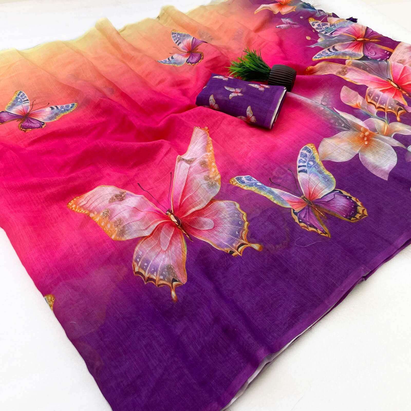 Flamboyant Multicolor Printed Linen Silk Saree With Adoring Blouse Piece
