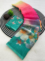 Imbrication Multicolor Printed Linen Silk Saree With Glorious Blouse Piece