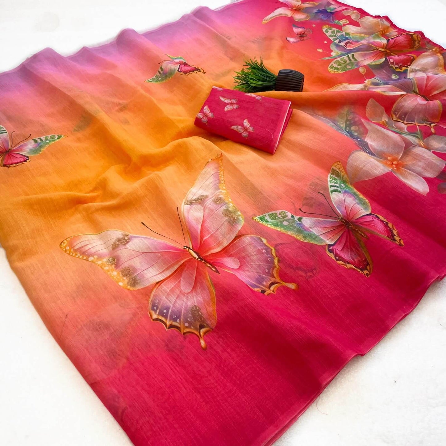Bewitching Multicolor Printed Linen Silk Saree With Deserving Blouse Piece