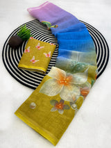 Traditional Multicolor Printed Linen Silk Saree With Intricate Blouse Piece