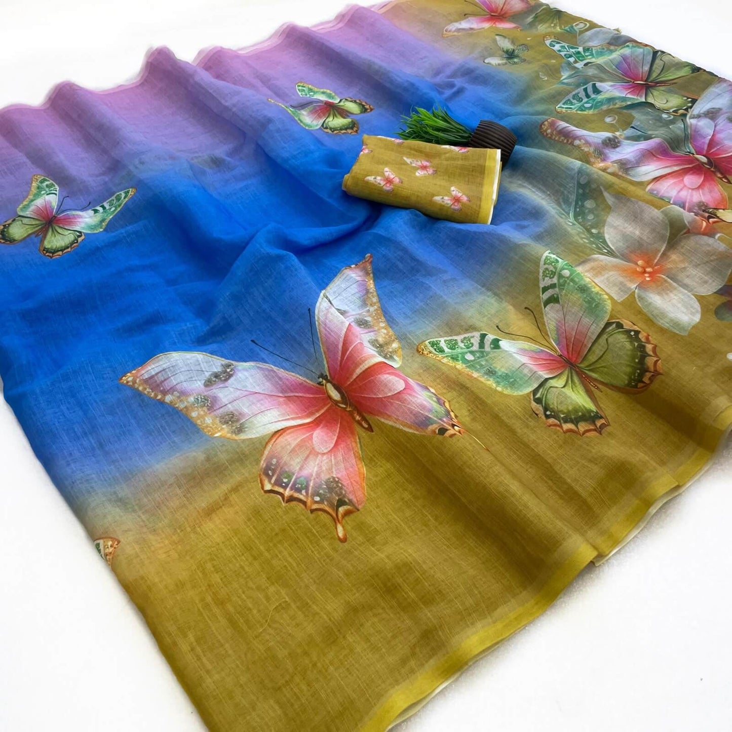 Traditional Multicolor Printed Linen Silk Saree With Intricate Blouse Piece