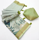 Impressive Pista Printed Cotton Silk Saree With Prettiest Blouse Piece
