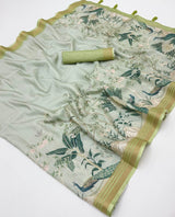 Impressive Pista Printed Cotton Silk Saree With Prettiest Blouse Piece