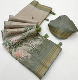 Gleaming Beige Printed Cotton Silk Saree With Palimpsest Blouse Piece