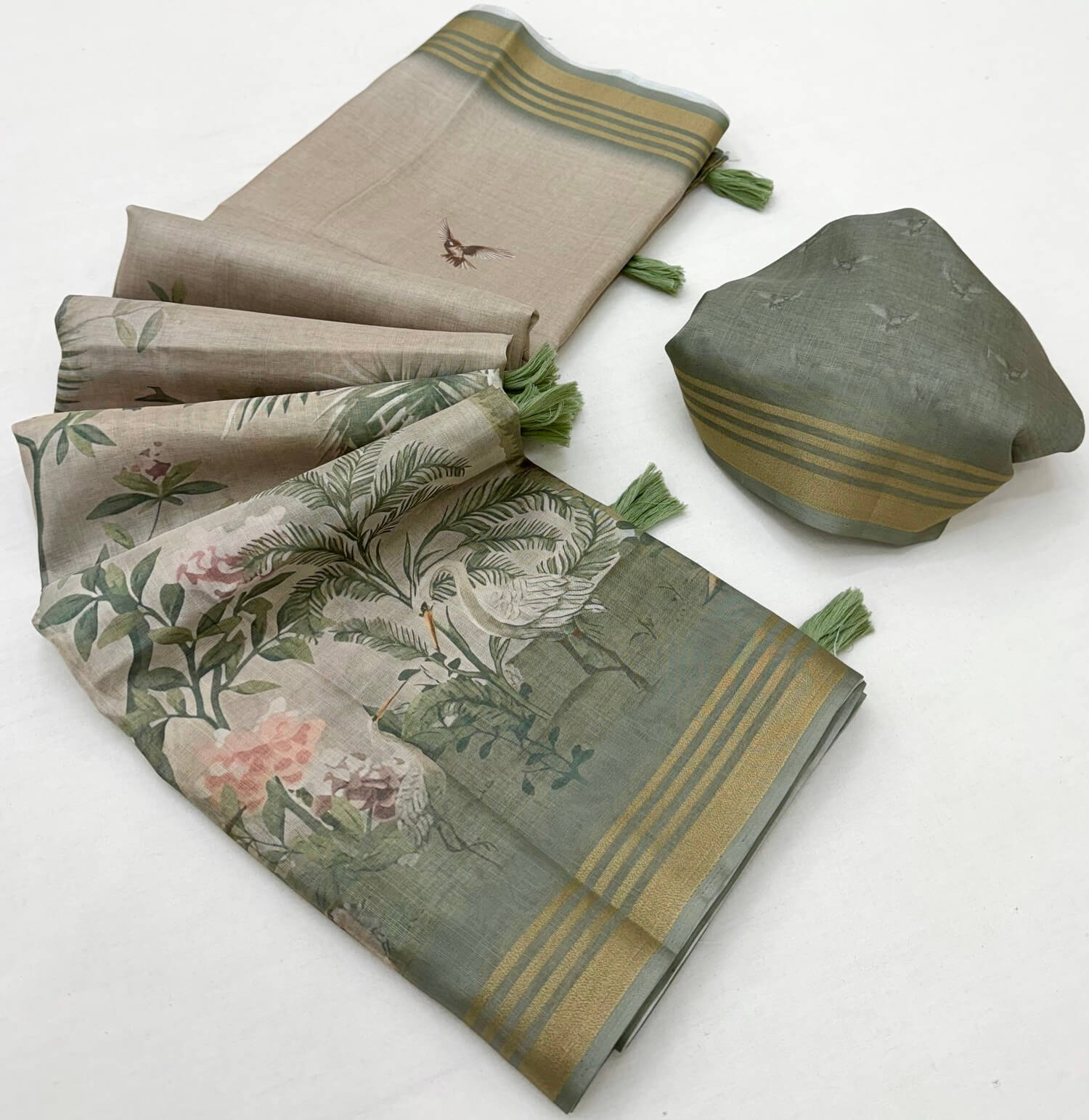 Gleaming Beige Printed Cotton Silk Saree With Palimpsest Blouse Piece