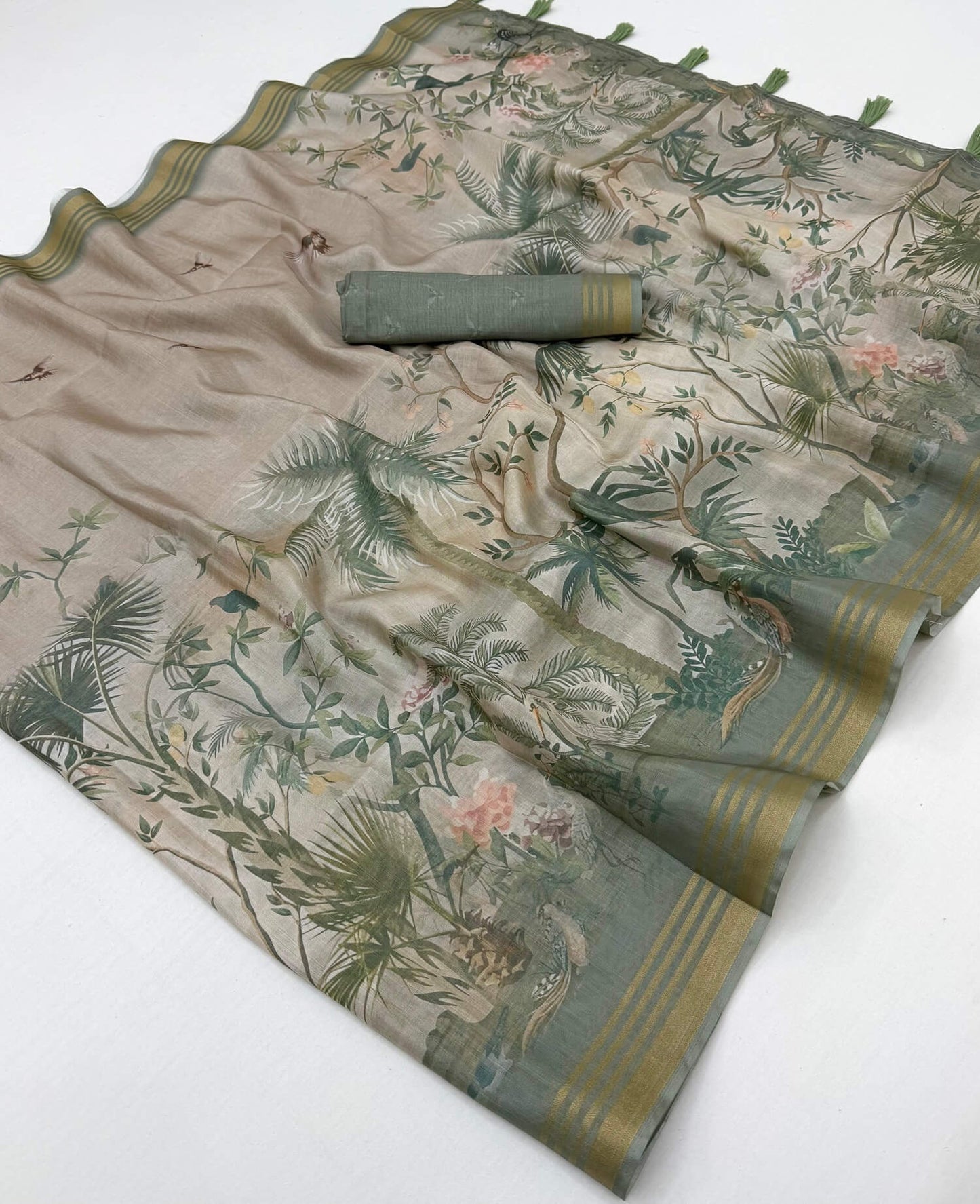 Gleaming Beige Printed Cotton Silk Saree With Palimpsest Blouse Piece