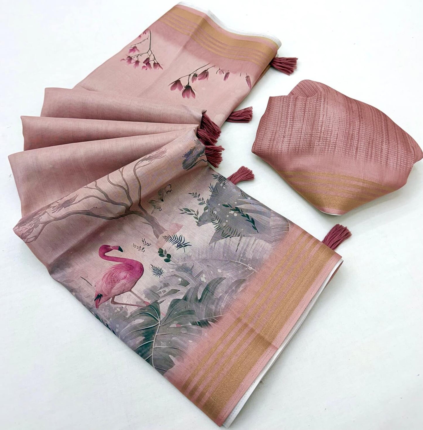 Demure Pink Printed Cotton Silk Saree With Elegant Blouse Piece