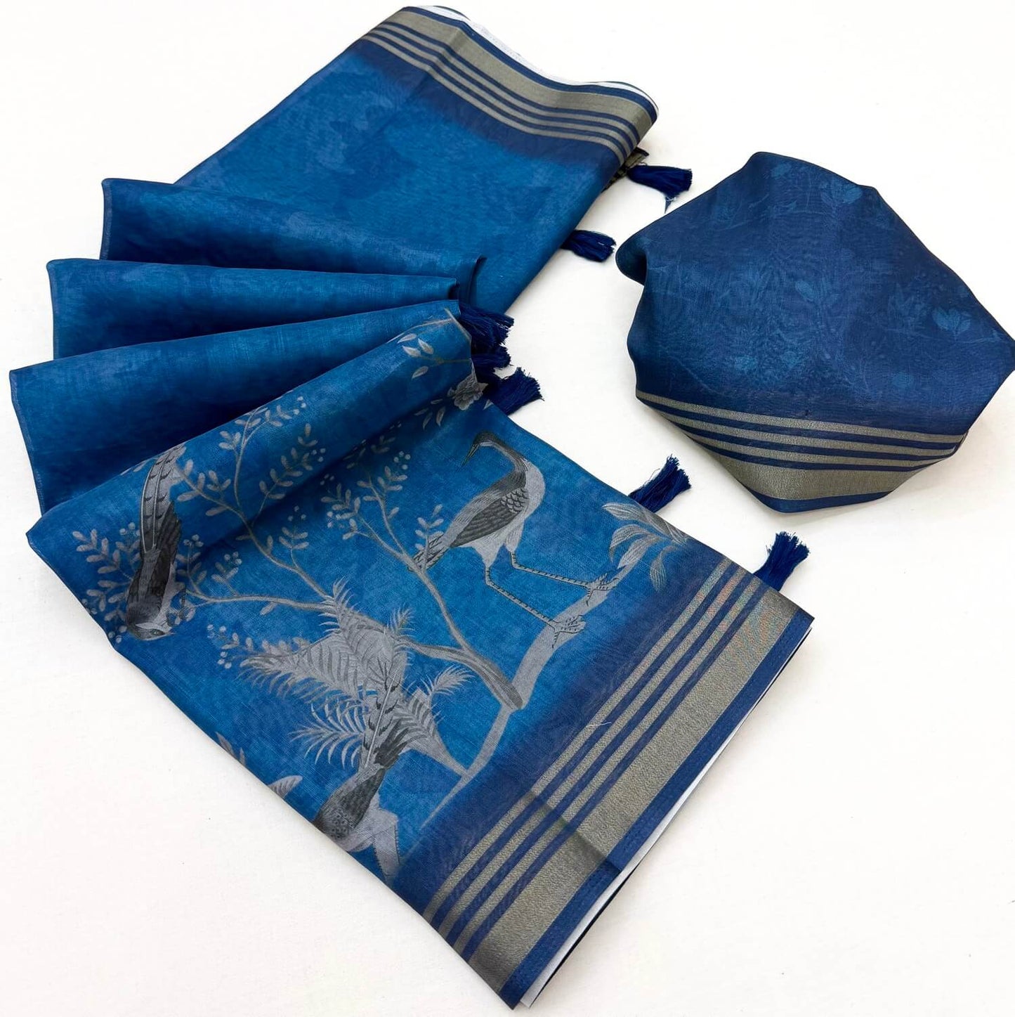 Lagniappe Blue Printed Cotton Silk Saree With Resplendent Blouse Piece