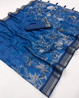 Lagniappe Blue Printed Cotton Silk Saree With Resplendent Blouse Piece