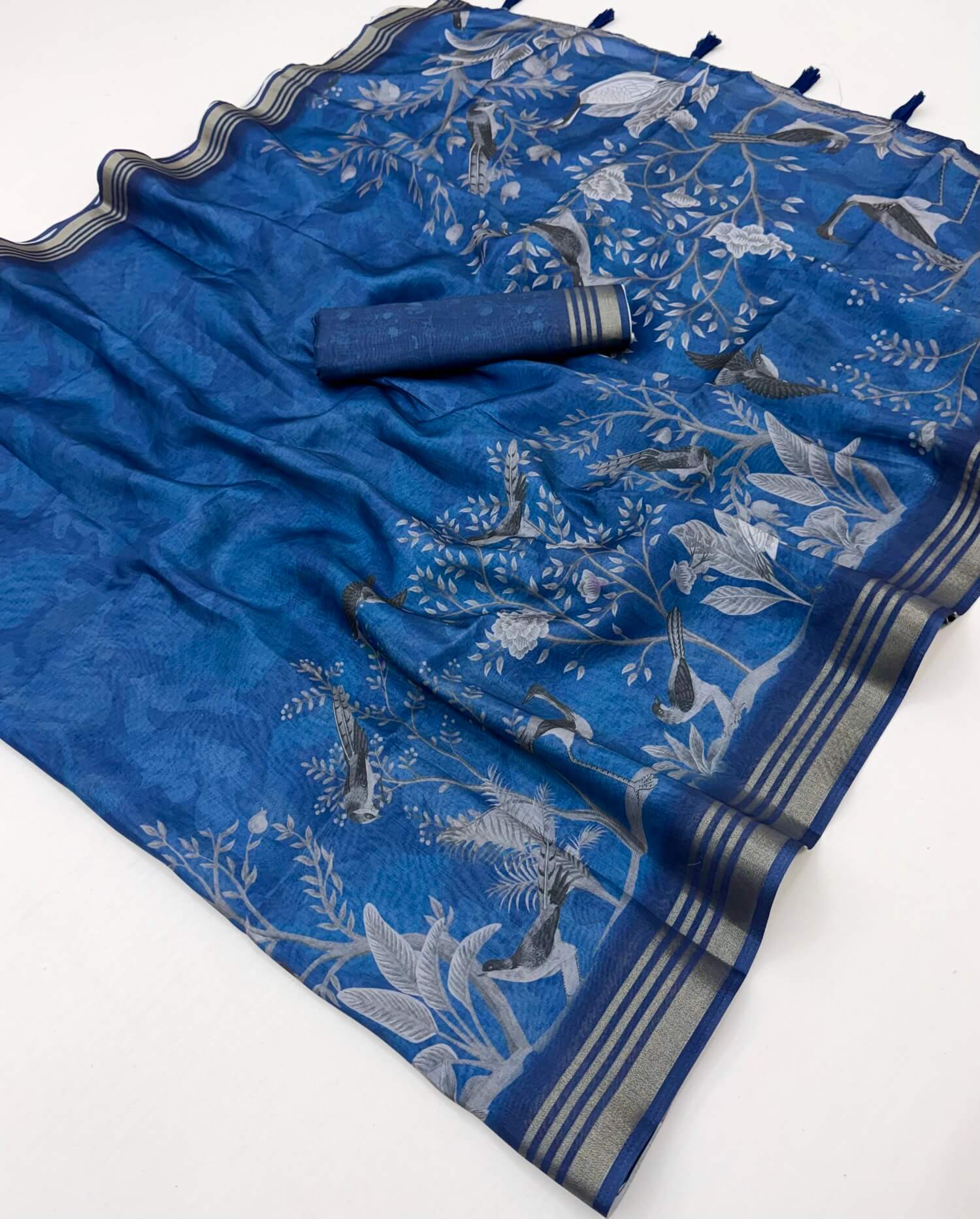 Lagniappe Blue Printed Cotton Silk Saree With Resplendent Blouse Piece