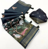 Adorable Black Printed Cotton Silk Saree With Ailurophile Blouse Piece