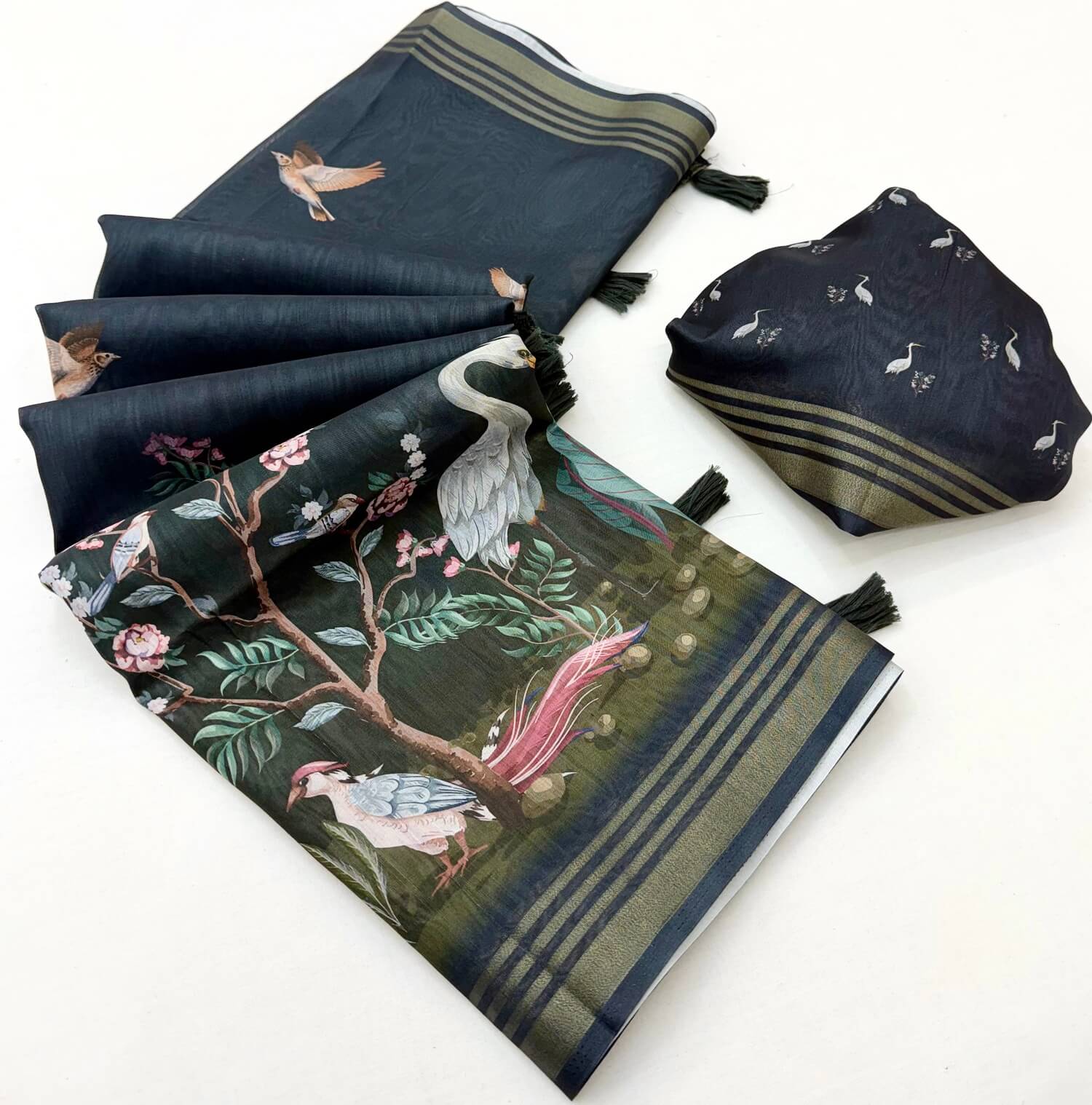 Adorable Black Printed Cotton Silk Saree With Ailurophile Blouse Piece