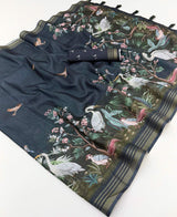 Adorable Black Printed Cotton Silk Saree With Ailurophile Blouse Piece