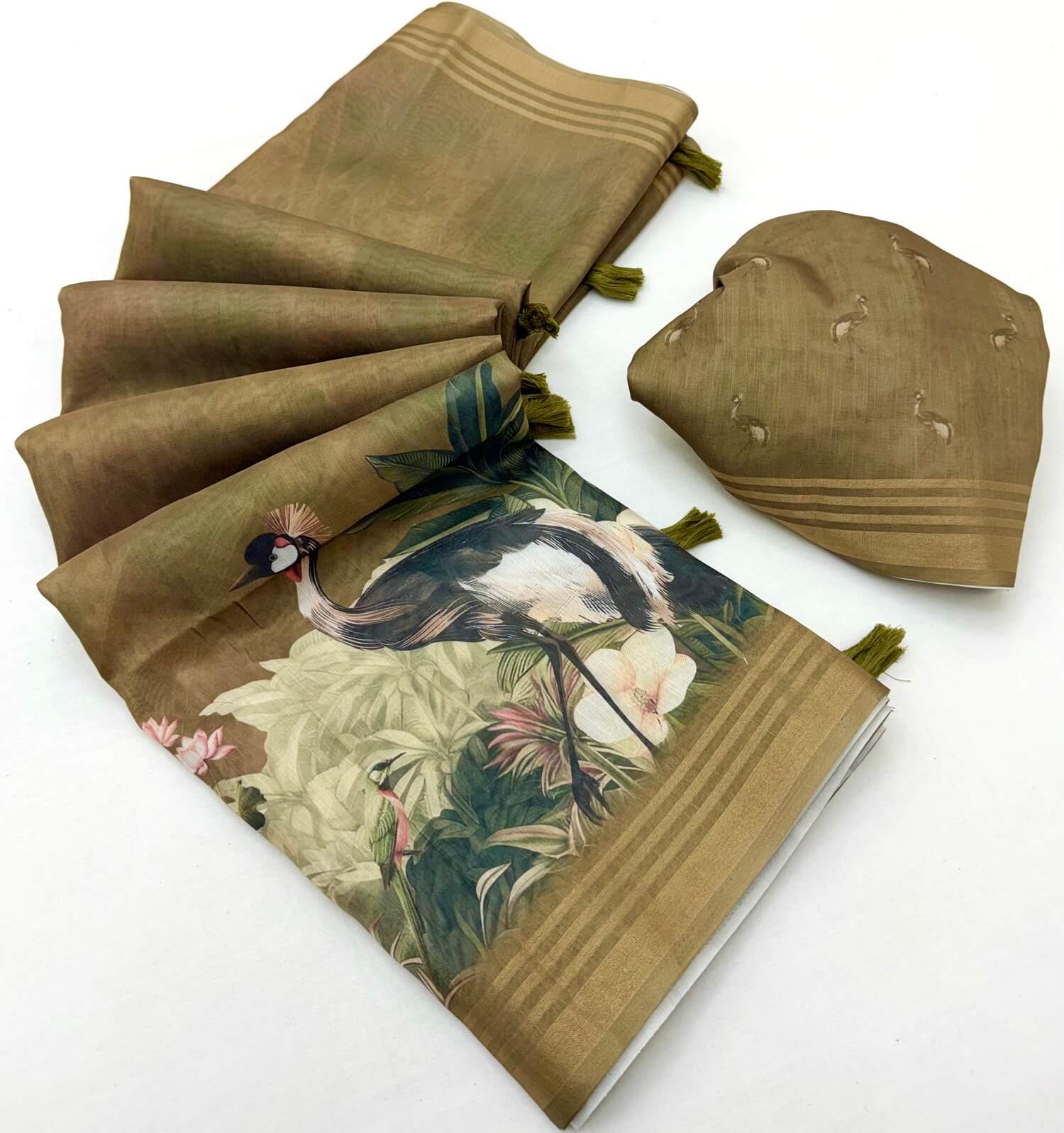Excellent Brown Printed Cotton Silk Saree With Quintessential Blouse Piece