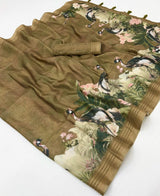 Excellent Brown Printed Cotton Silk Saree With Quintessential Blouse Piece