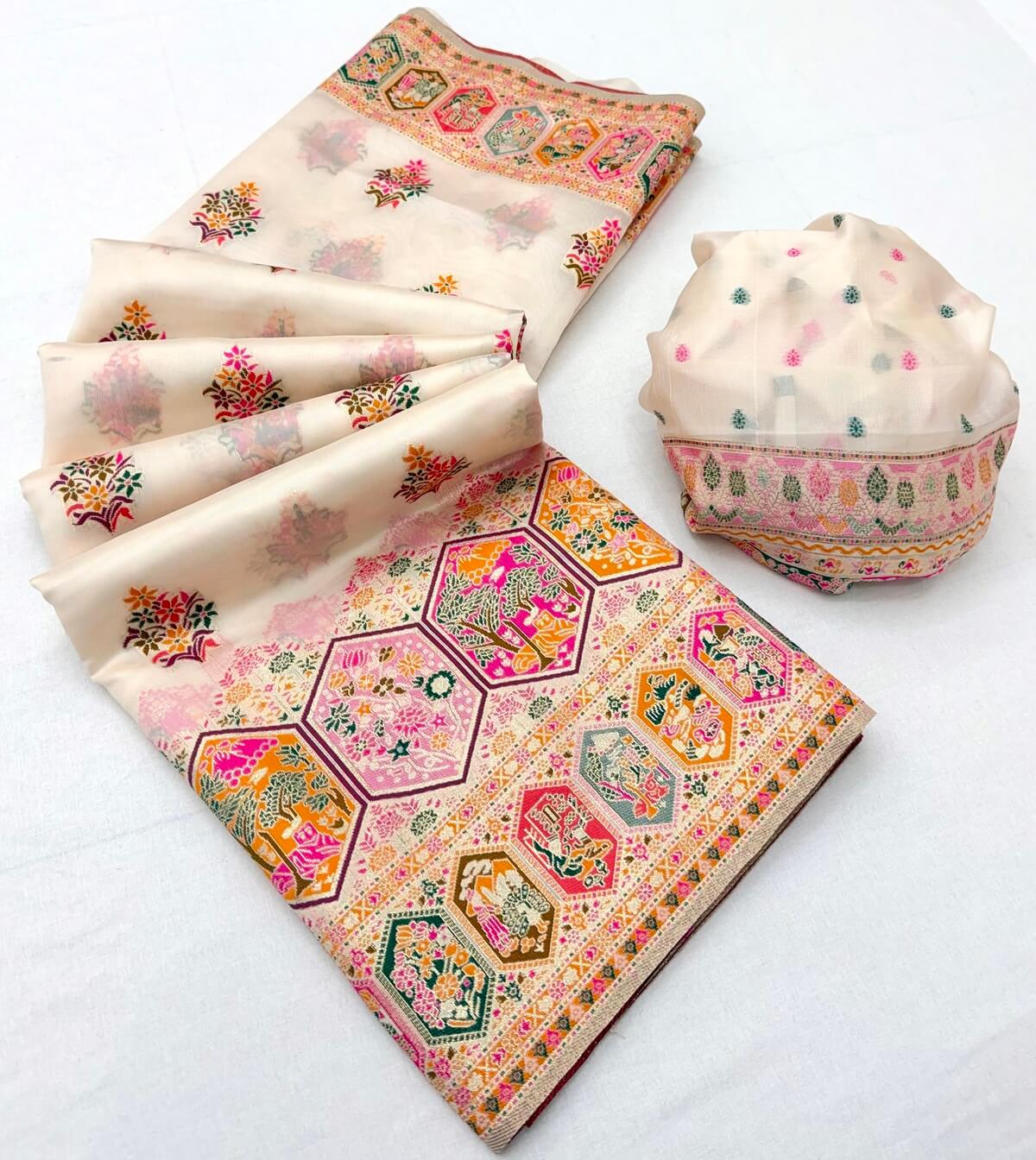 Assemblage Beige Pashmina Silk Saree With Staggering Blouse Piece