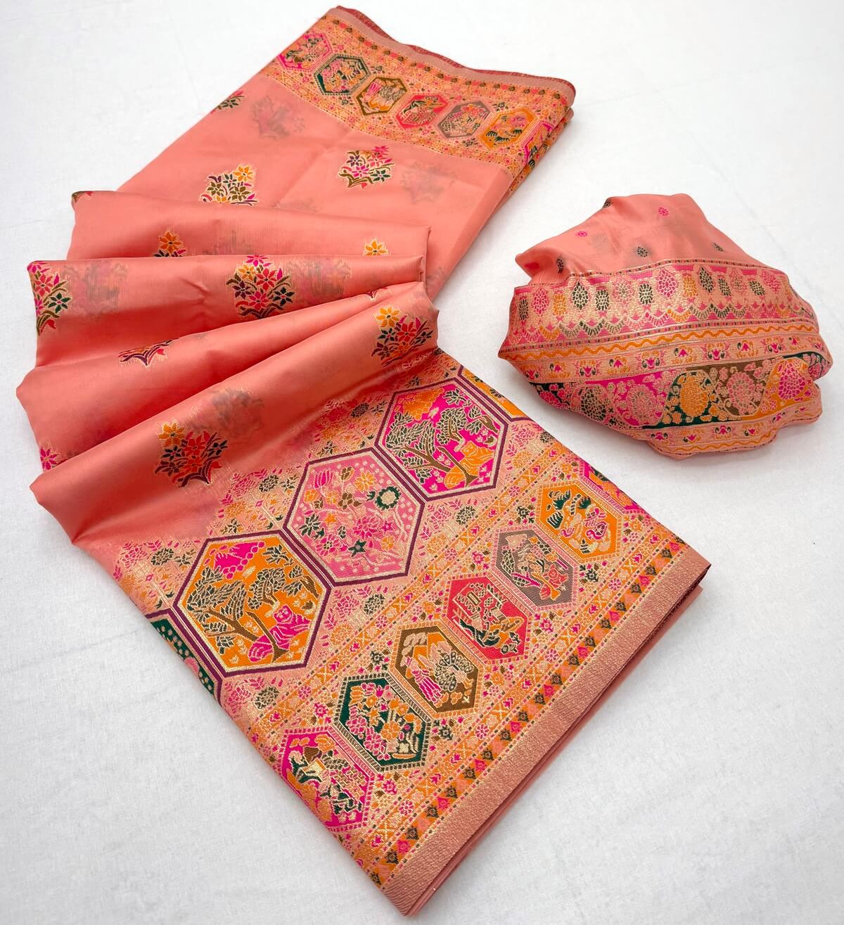 Inspiring Peach Pashmina Silk Saree With Snappy Blouse Piece